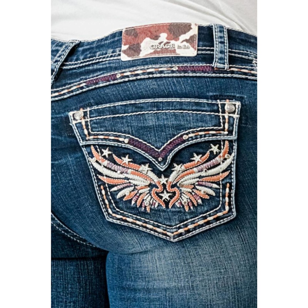 Grace in LA Women's Wing Star Faux Flap Pocket Embroidered Stretch Bootcut Jeans